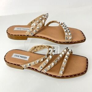 Steve Madden Skyler Tan Studded Multi Strap Square Toe Flat Sandals Silver Studs